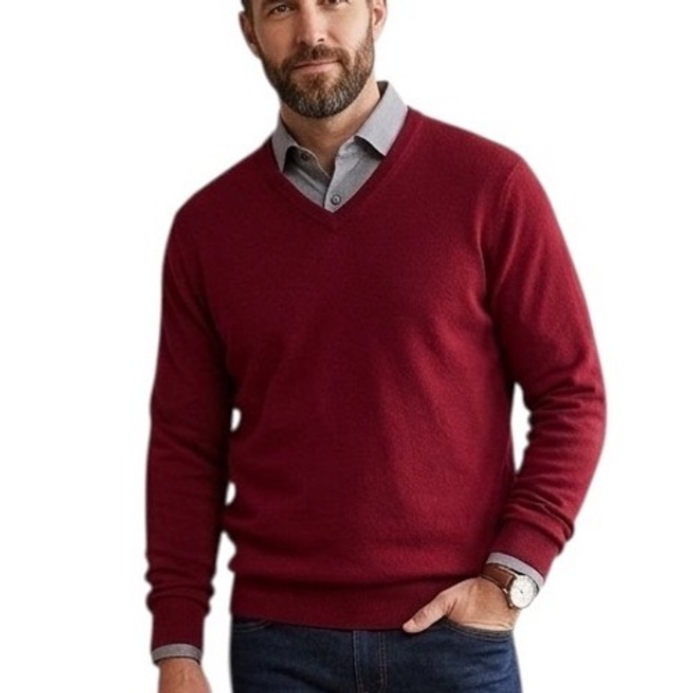 John W Nordstrom Mens Cashmere V-Neck Sweater‎ Burgundy Red XL LL Luxury Knit